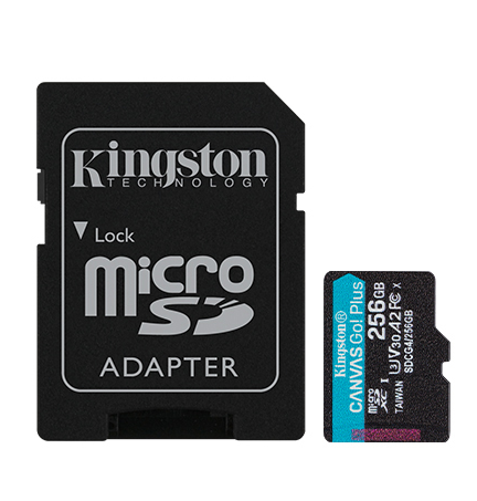 MicroSD KINGSTON 256GB c/Adap Canvas GO! Plus Gen4 (4K Camara-Drones)
